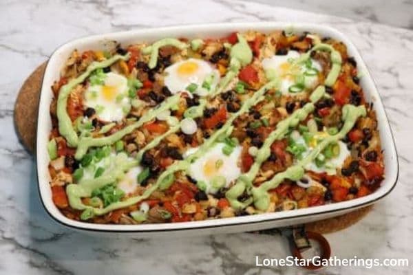 A Southwest Style Breakfast Casserole with Cliantro drizzle