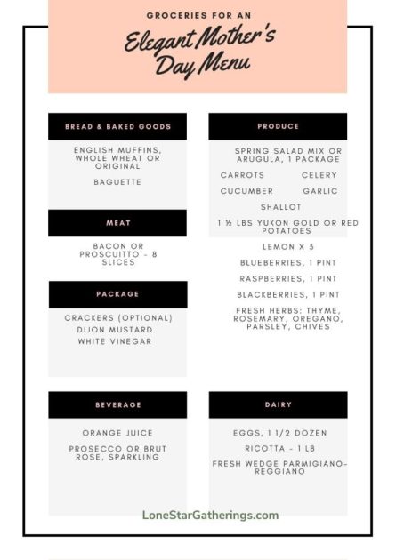 Grocery list to make the Elegant Mother's Day Menu.