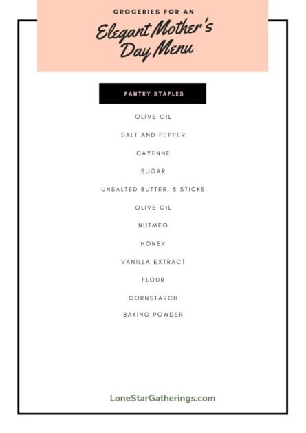 Pantry list of items for the Elegant Mother's Day Menu.