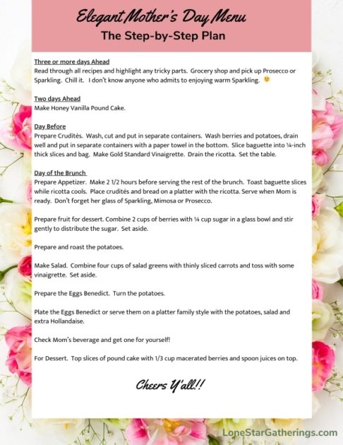 The entire step-by-step plan to making the Elegant Mother's Day Menu.