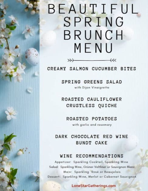 Beautiful Spring Brunch Menu complete with Wine Recommendations on a card with flowers and decorative eggs