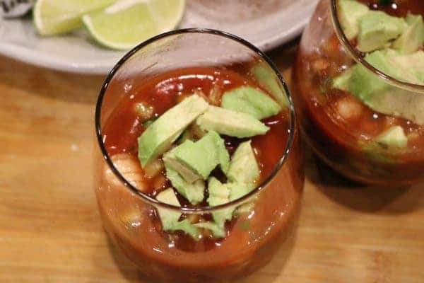One serving of Best Gazpacho recipe with shrimp