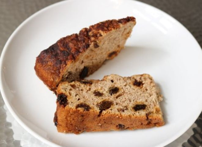 Slices of warm Irish Soda Bread with raisins