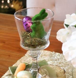 Moss Bunny with purple egg in glass for Easter brunch ideas to decorate