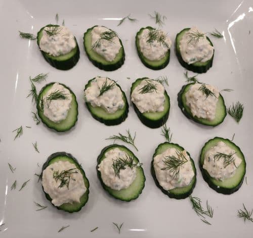 Close up of Creamy Salmon on Cucumber slices