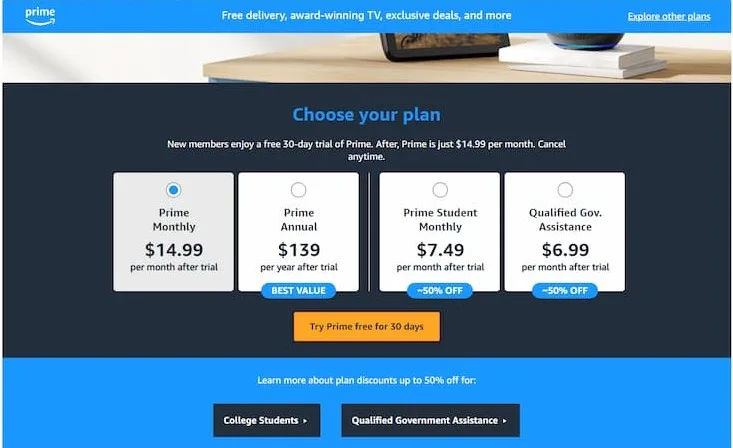 Amazon Prime Membership signup for the best deals