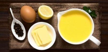 Hollandaise Sauce ingredients - egg, lemon, butter and peppercorns