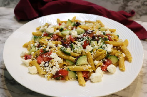 Mediterranean Pasta Salad with cucumbers, tomatoes, kalamata olives, herbs and feta cheese